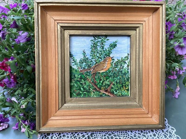 Schilderij gesigneerd met vogel in reliëf houten lijst 20x20x4 cm