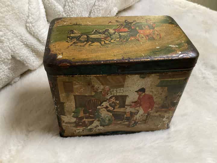 De Gruyter blik 1930-1960 met jachttaferelen en spreuk deksel