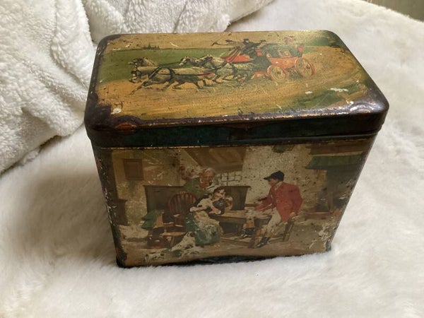 De Gruyter blik 1930-1960 met jachttaferelen en spreuk deksel