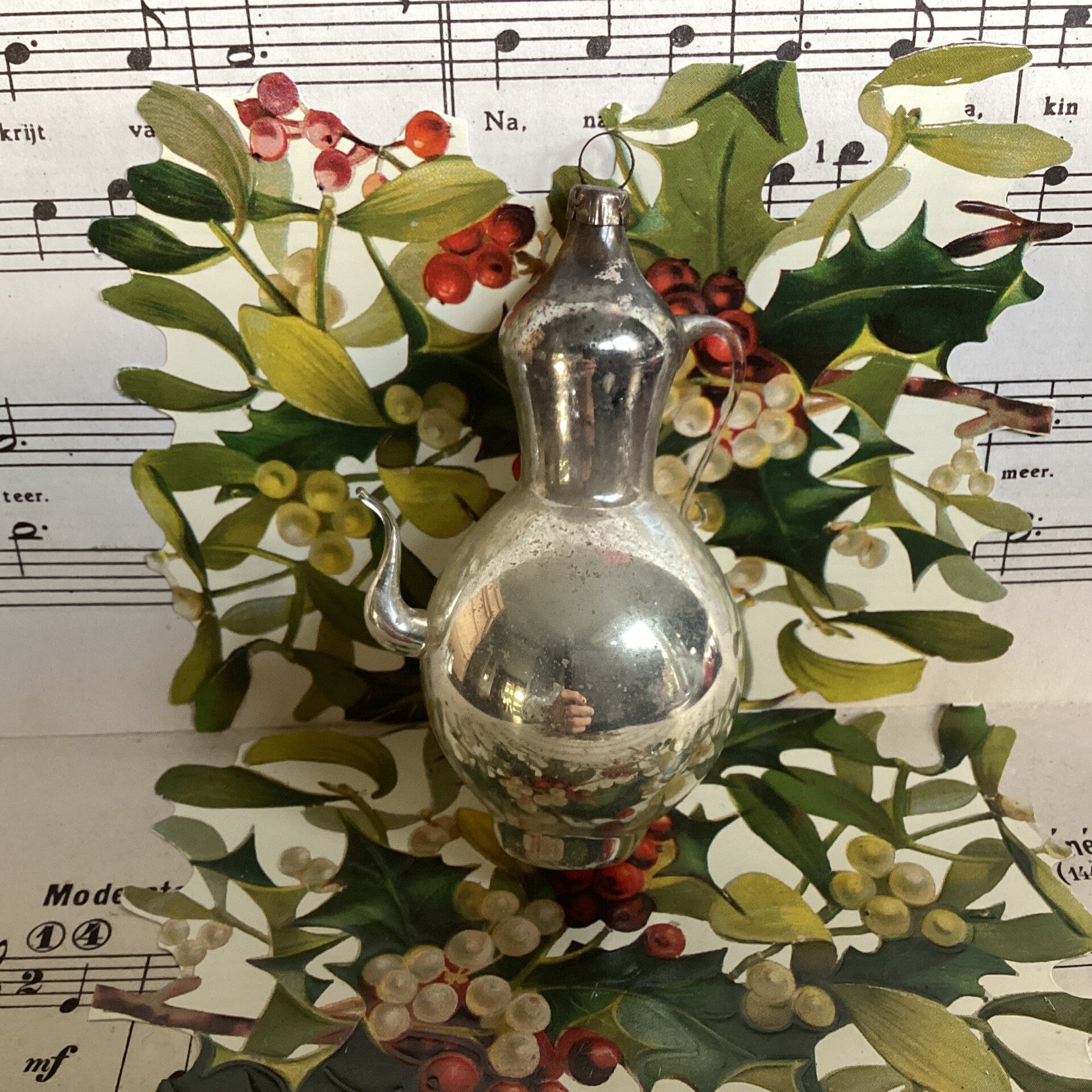 Antieke kerstbal koffiepot 9 cm zilver