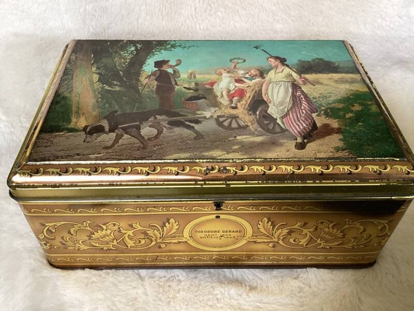 Groot antiek Demaret blik met voorstelling van Theodore Gerard 30x20x12 cm