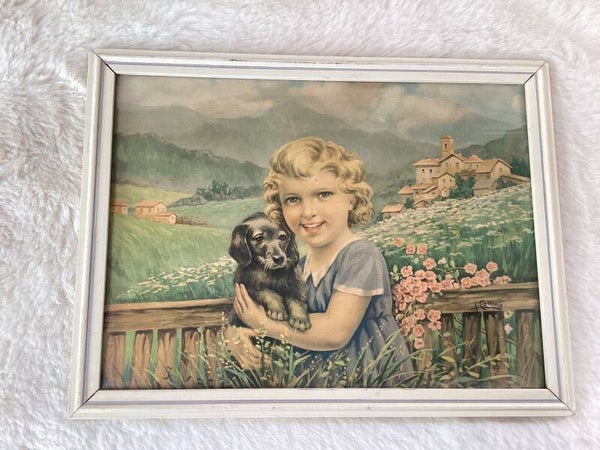 Super lief schilderijtje meisje met hond, jaren 40-50, 25x20 cm