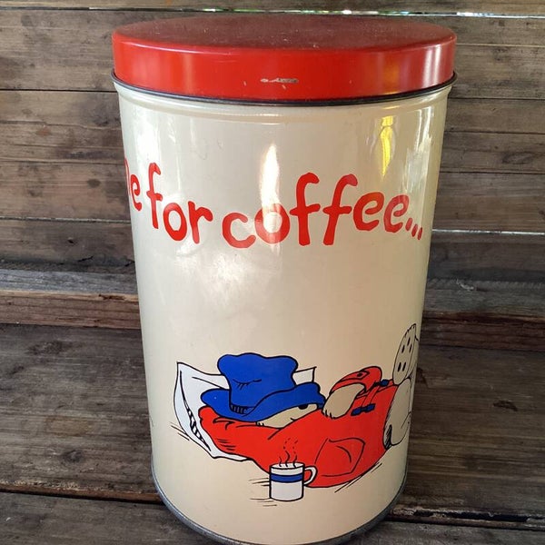 Vintage blik Douwe Egberts, beertje Paddington koffieblik 11x17 cm