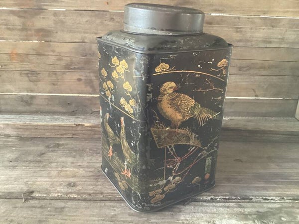 Antiek theeblik, oosterse vogels, zeer oud, 17,5x10x10 cm