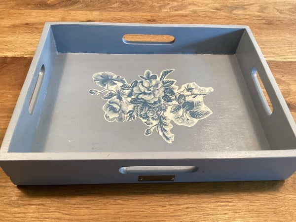 Mooi houten blauw dienblad met bloemen 40x30x8 cm