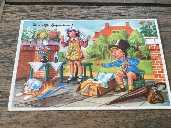 Antieke ansichtkaart poezen, hartelijk gefeliciteerd, 1955