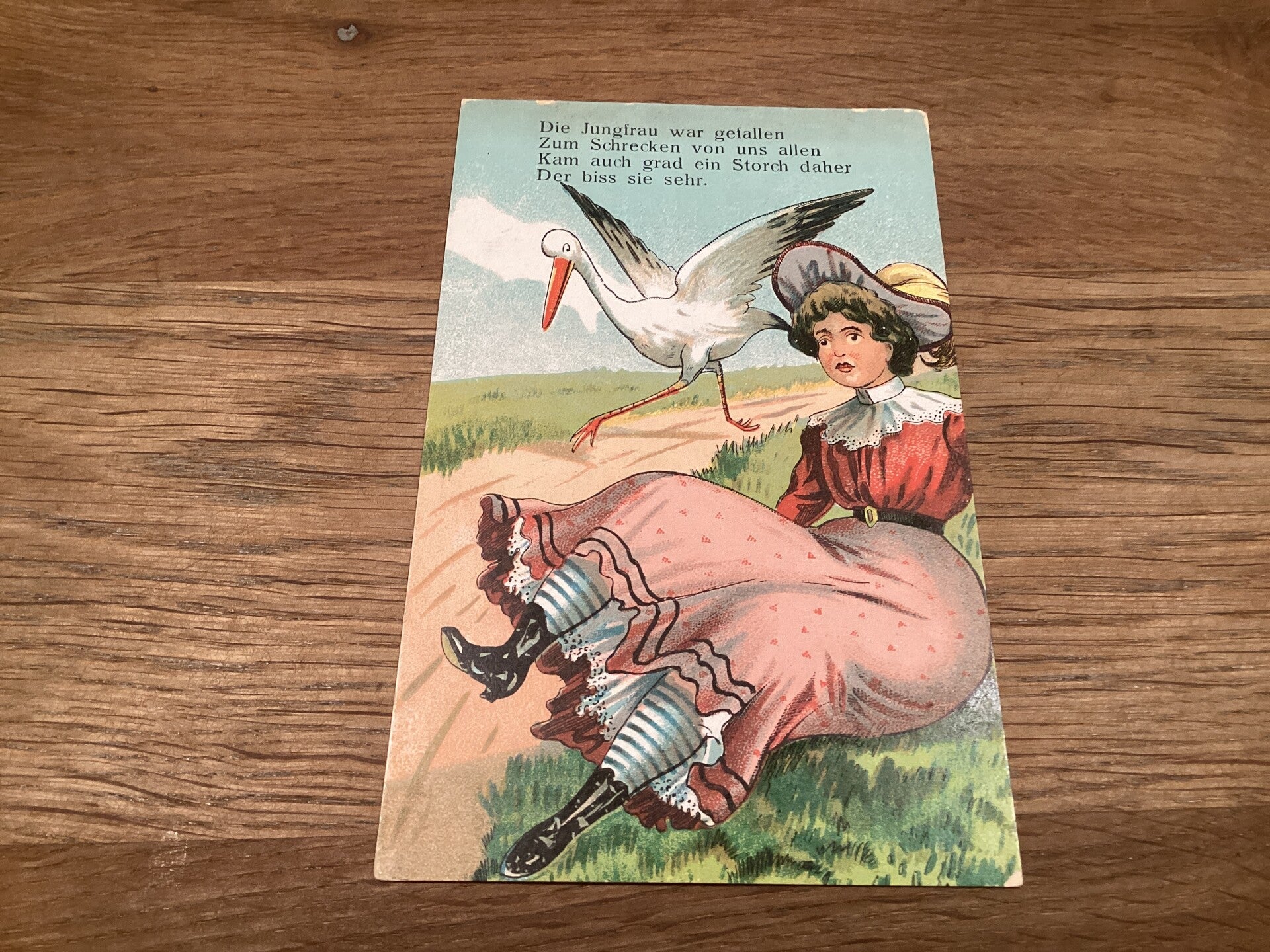 Antieke ansichtkaart met ooievaar, begin 1900, onbeschreven