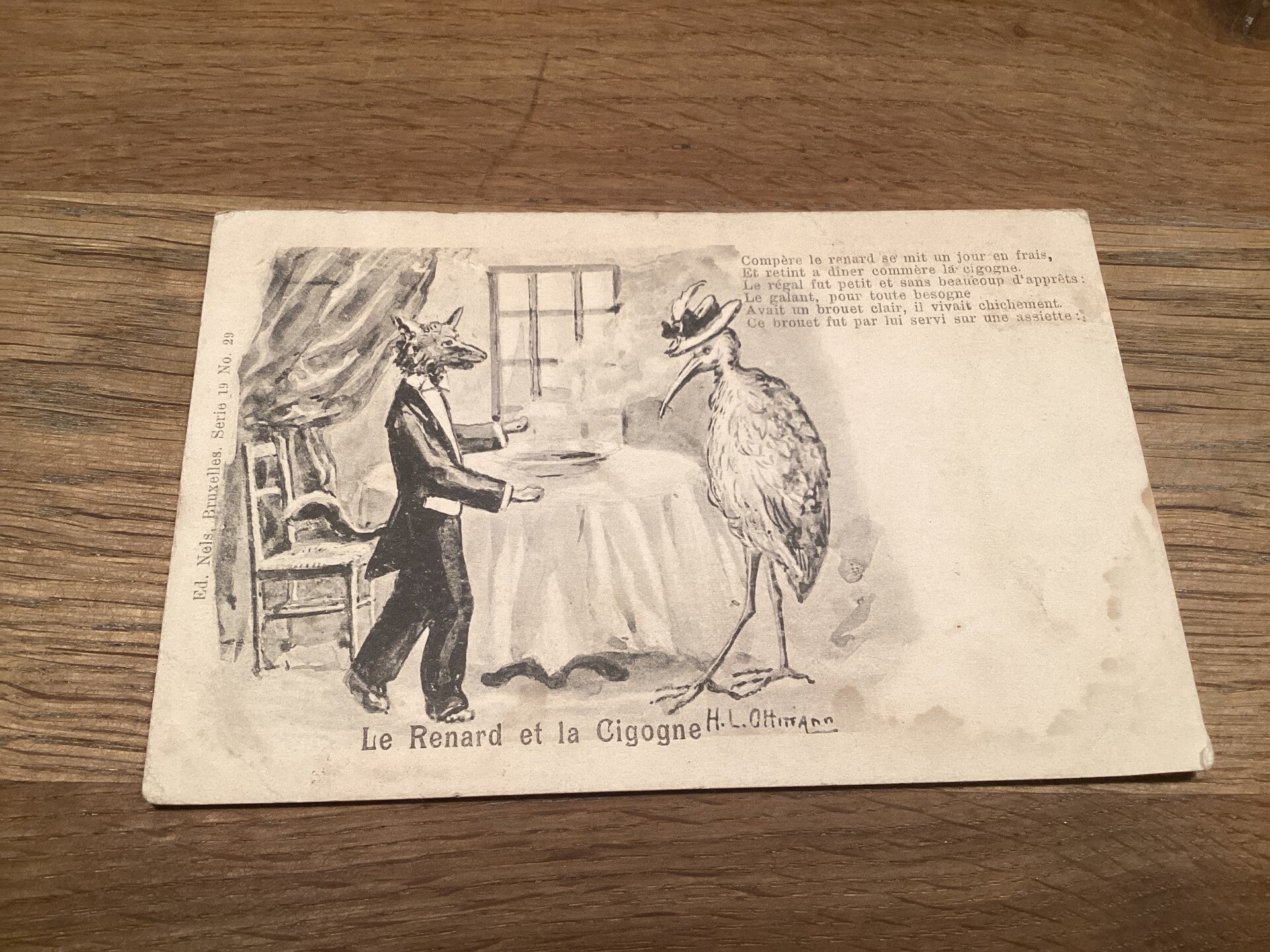 Antieke ansichtkaart met ooievaar, begin 1900, onbeschreven