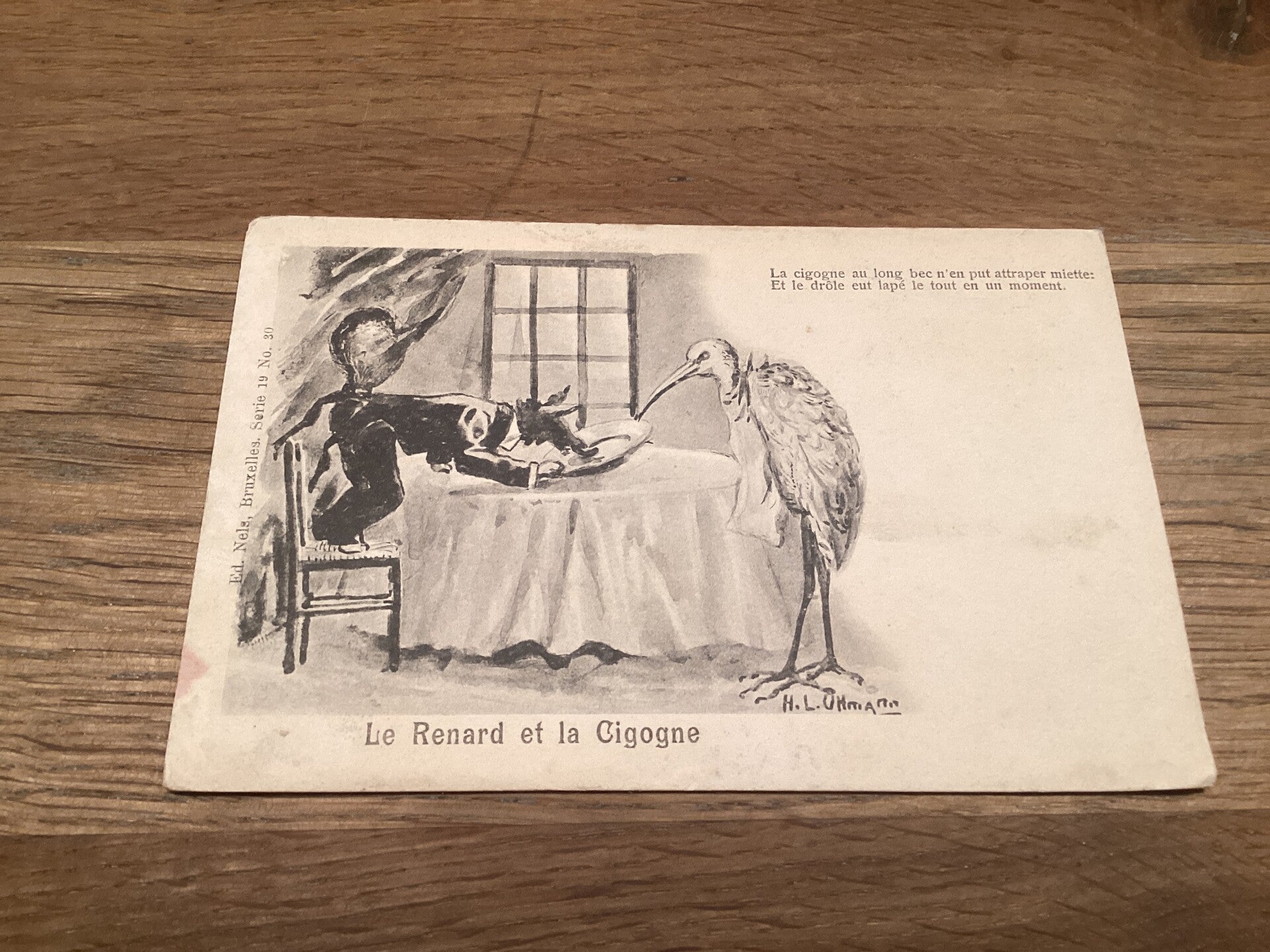 Antieke ansichtkaart met ooievaar, begin 1900, onbeschreven