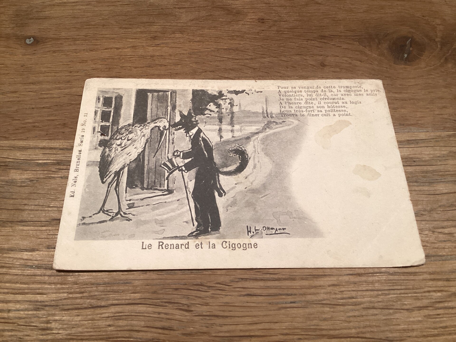 Antieke ansichtkaart met ooievaar, begin 1900