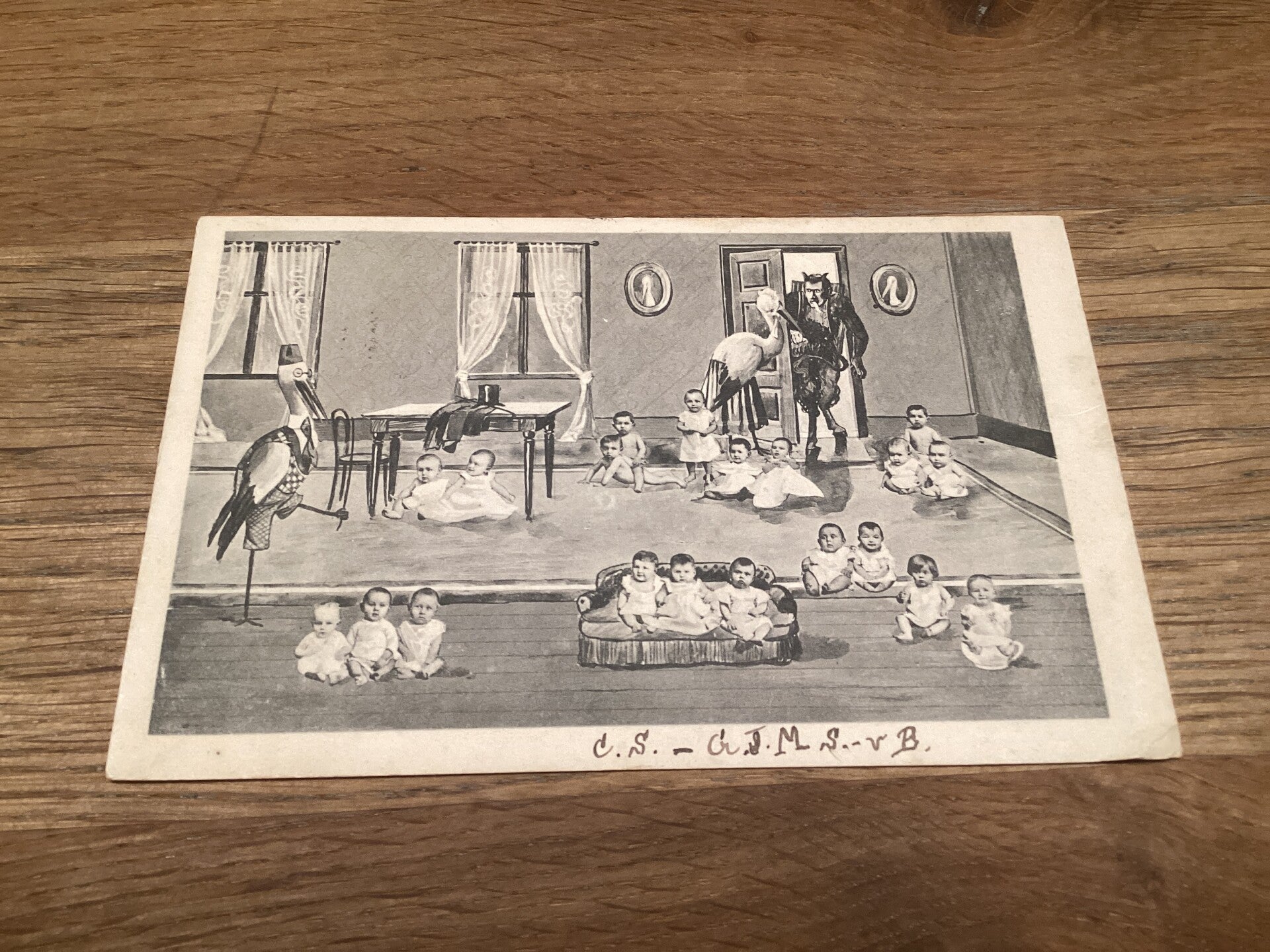 Antieke ansichtkaart met ooievaar, begin 1904