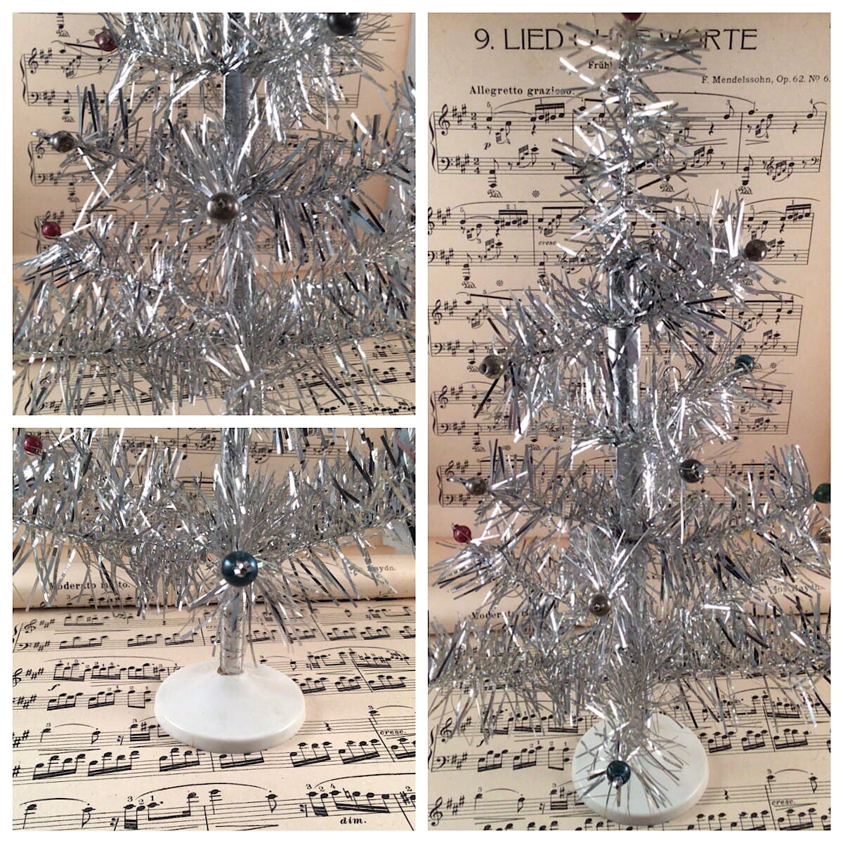 Japanse lametta kerstboompje met glazen kerstballetjes 30 cm jaren 40