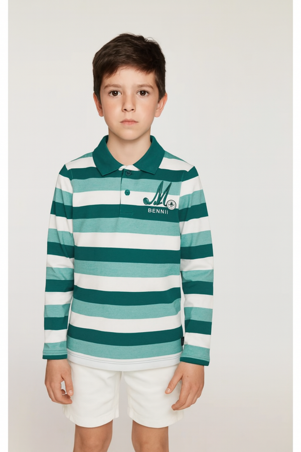 Gestreepte jongens polo longsleeve – groen/wit