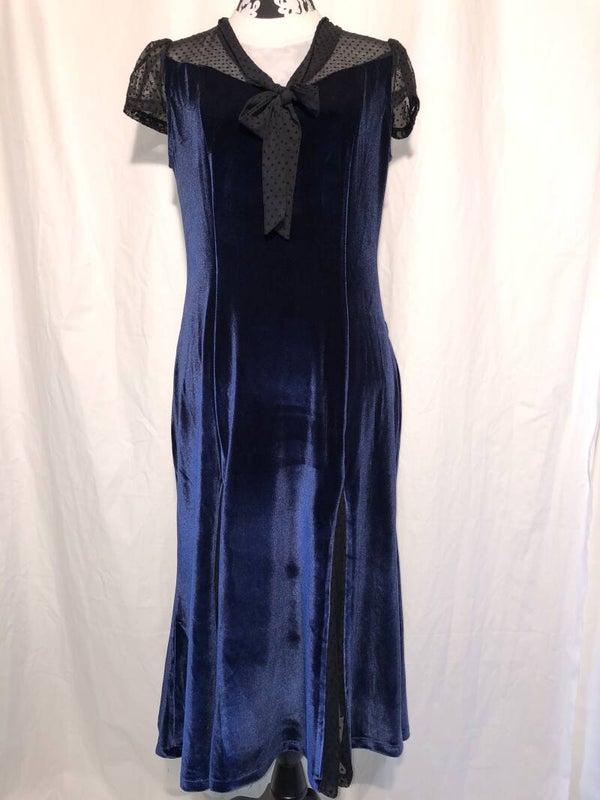 Banned blauw velours jurk met zwarte stipjes maat L