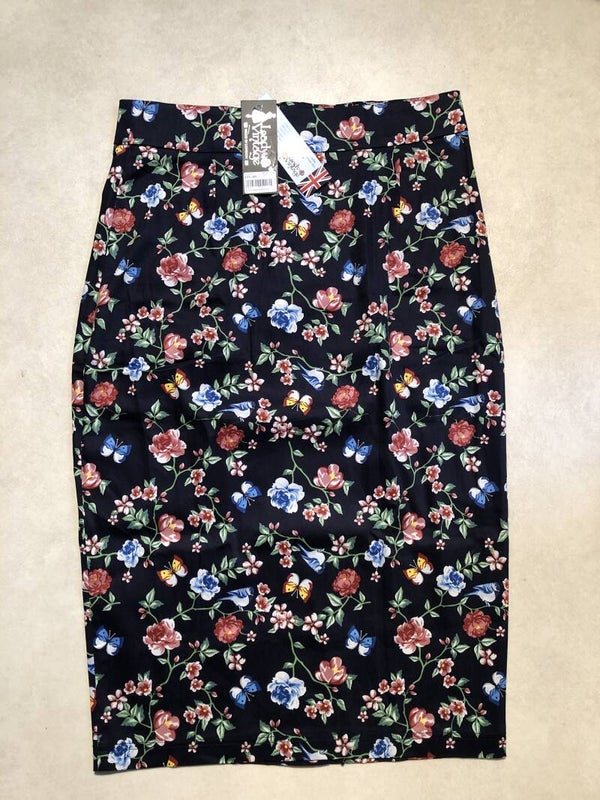 Lady vintage blauw gebloemde retro rok maat L