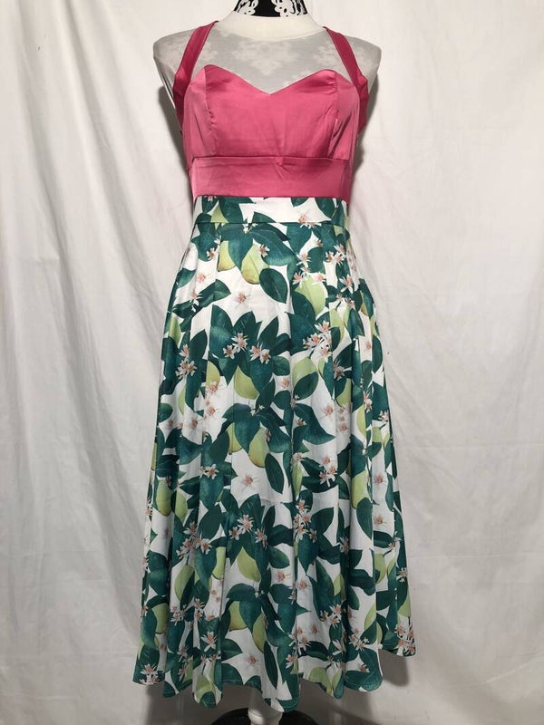 Retro zomerjurk in zuurstokroze en groen maat M