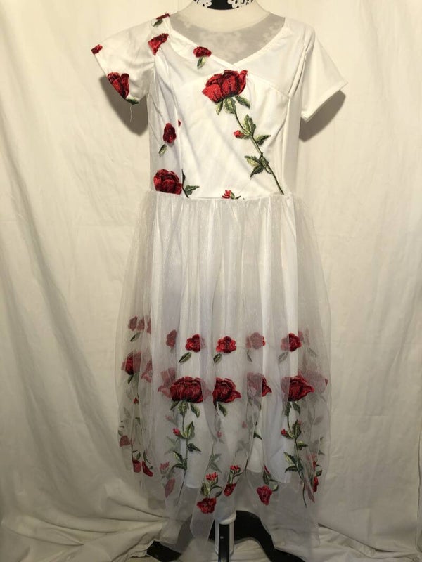 Spierwitte retro swingdress met geborduurde rozen maat XL