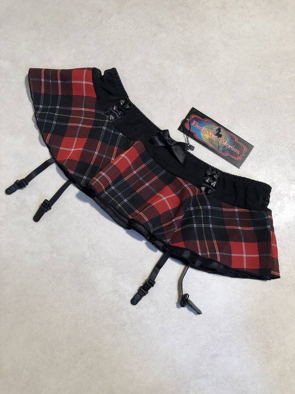 Bedroom stories rood/zwart geruit jarretels met spikes maat L