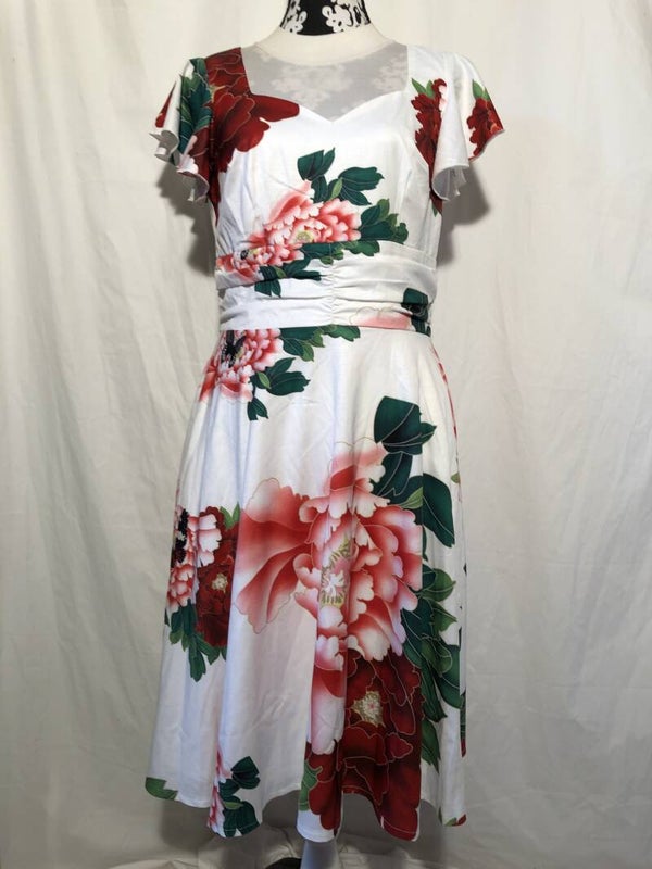 Voodoo Vixen wit retro jurk met bloemen en vlinders maat L