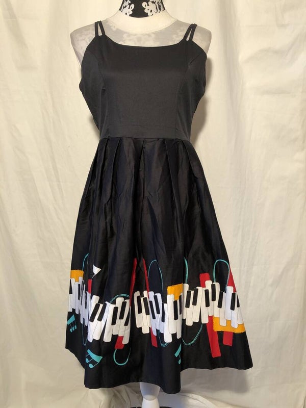 Zwart retro swingdress met piano toetsen maat M/L