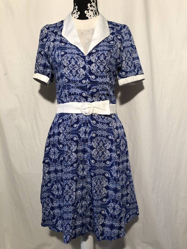 Banned blauw/wit print retro jurk maat M