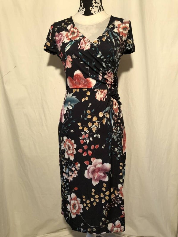 Lady vintage zwart gebloemde retro jurk maat S