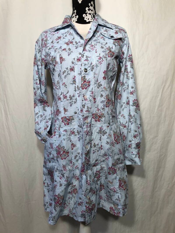 Hans Ubbink blauw gestreept/gebloemde jurk maat L