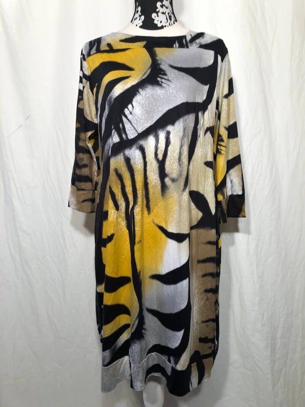 Ophilia grijs/geel/zwart/bruin print jurk maat 48