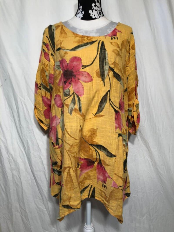 Paprika geel gebloemd zomer tuniek maat 44/46