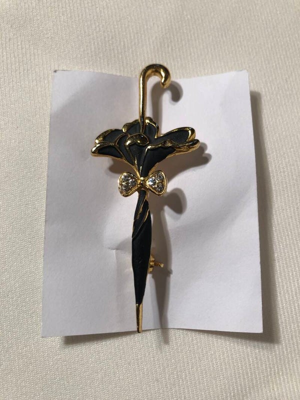 Zwart/goudkleurige vintage paraplu broche