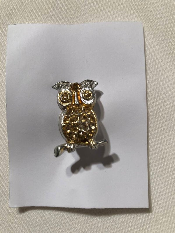 Goud/zilverkleurige vintage uiltje broche met glitter steentjes