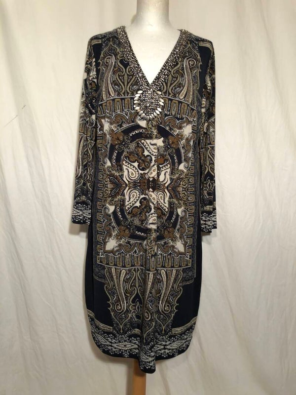 K-Design donkerblauwe Paisley print jurk met strass en kraaltjes maat XL