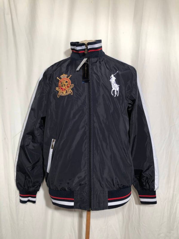 Ralph Lauren donkere jas met witte banen op de mouwen maat XXL
