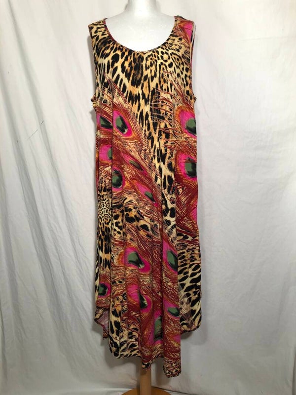 Ulla Popken luipaard print zomerjurk met pauwenveren maat 50/52