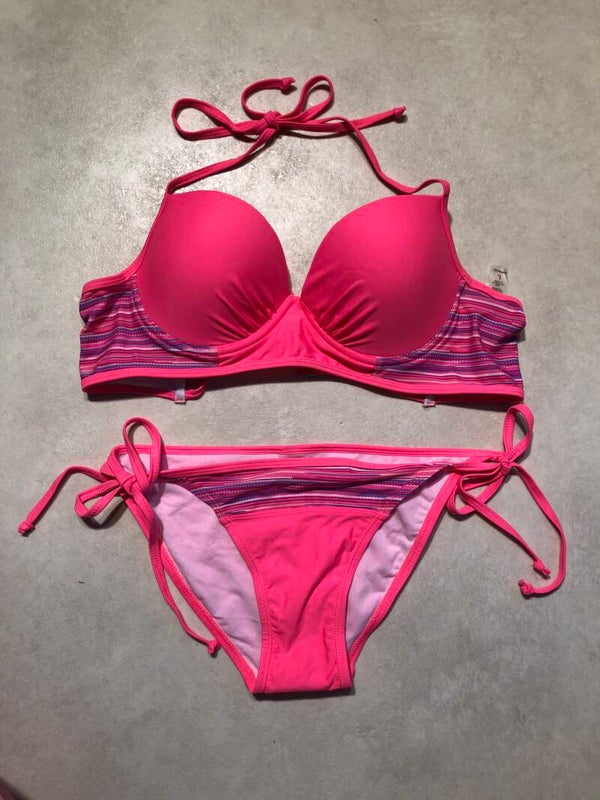 Fel roze bikini met paarse streepjes maat L