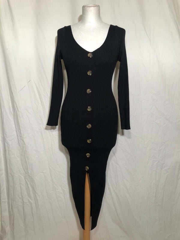 Georgia zwart lange stretchie jurk met knopen maat S