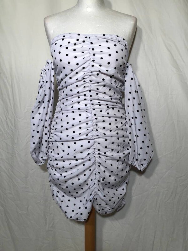 Parisian witte strapless jurk met zwarte polkadots maat 38