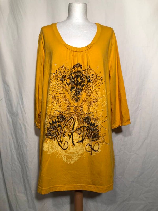 Ulla Popken okergeel t-shirt t-shirt met opdruk en studs maat 50/52