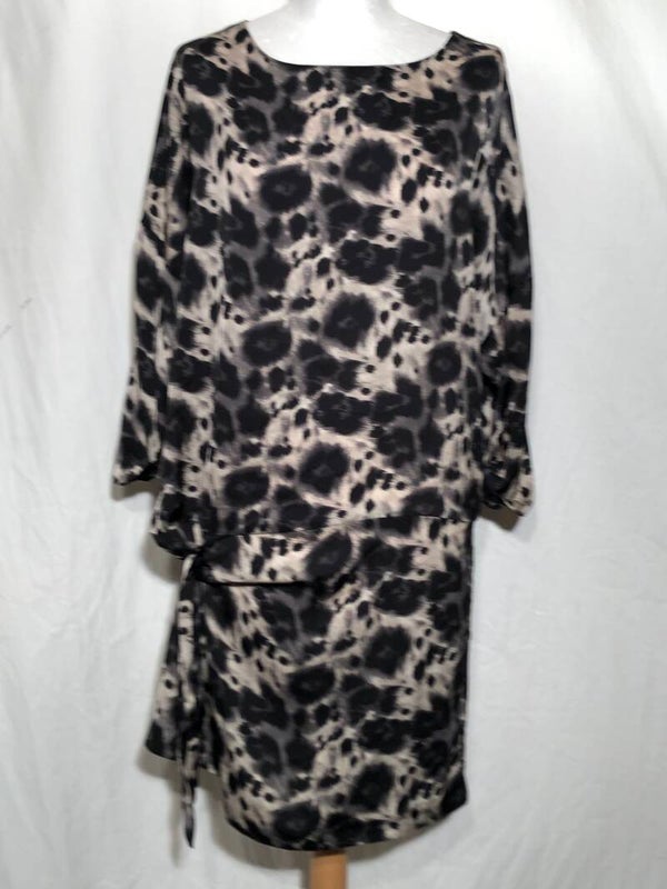 Zara zwart/grijs/beige print jurk maat M