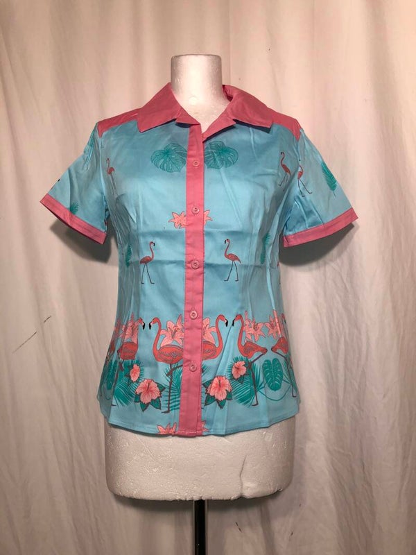 Dancing days by Banned lichtblauw/roze retro flamingo print blouse maat S