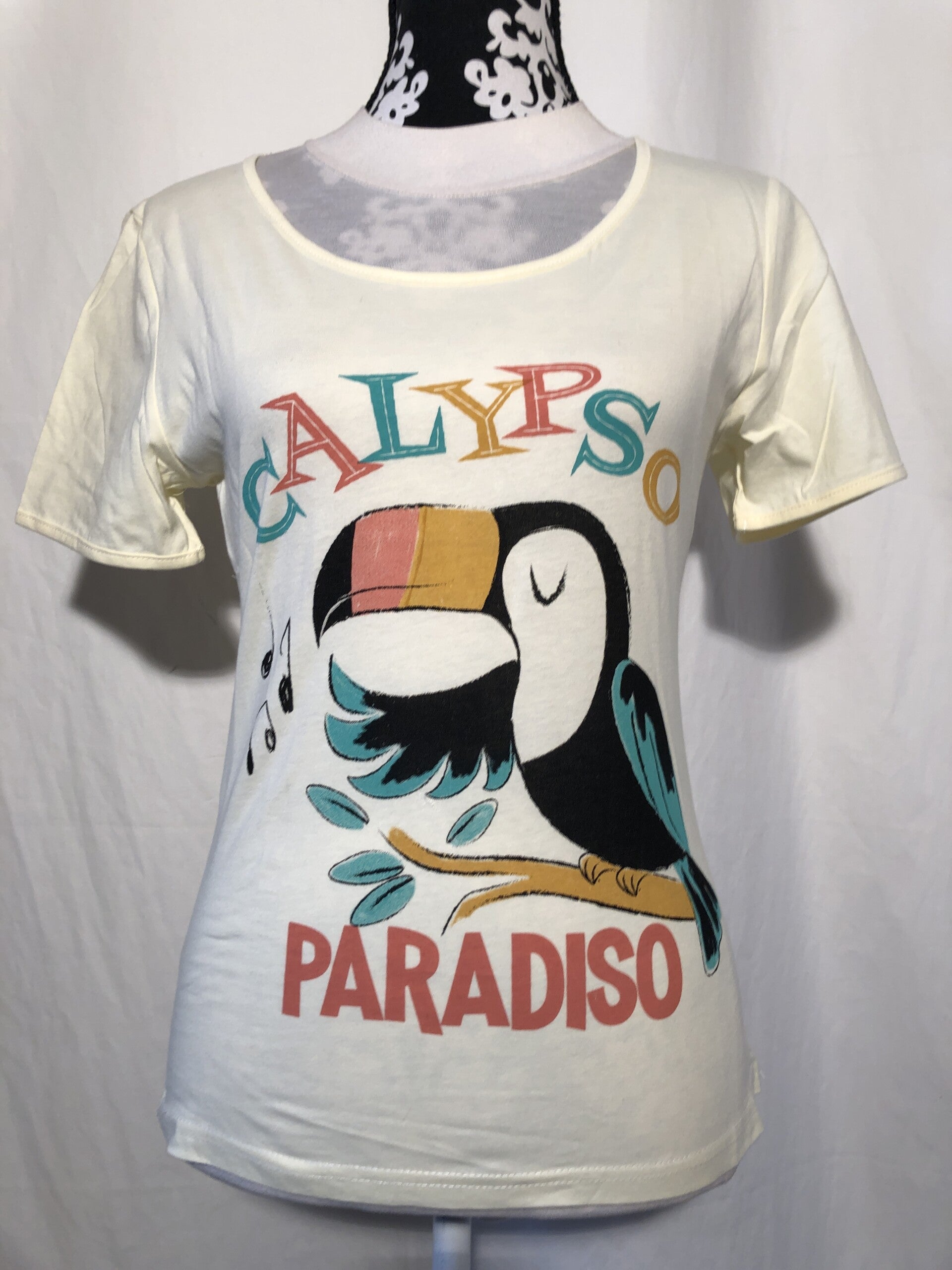 Banned lichtgeel retro bedrukt T-shirt maat M