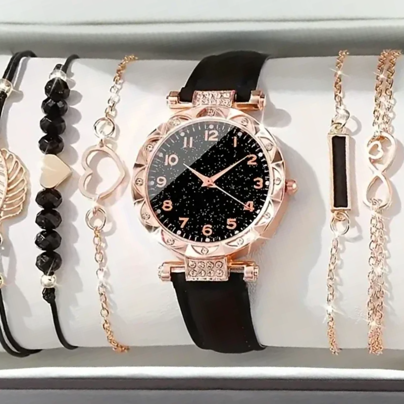 Montre Ronde pour Femme et 5 Bracelets