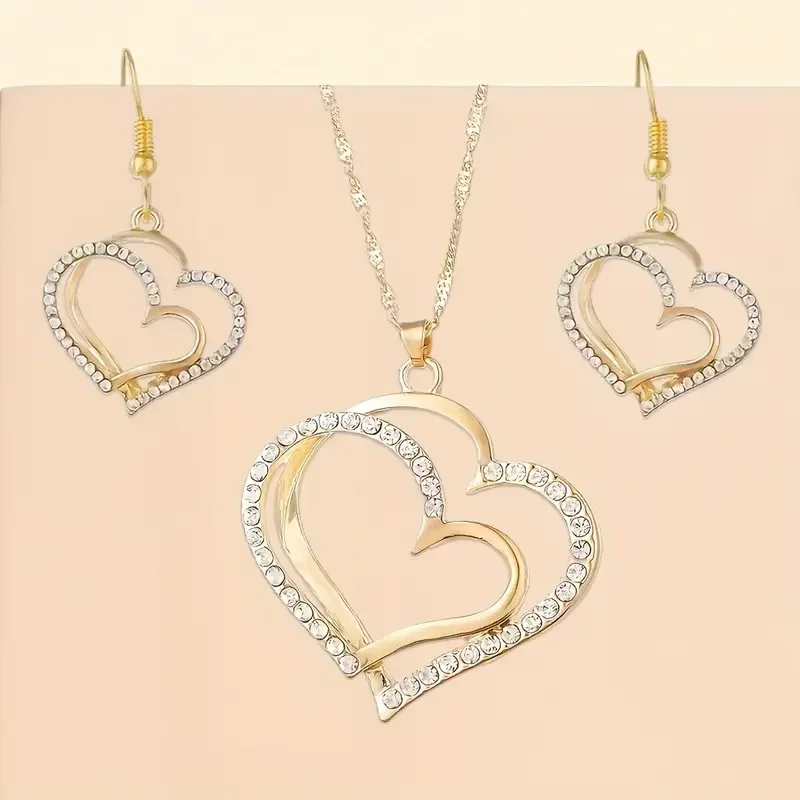 3 pièces Collier et Boucles d'Oreilles Élégants à Double Cœur, Strass Scintillant