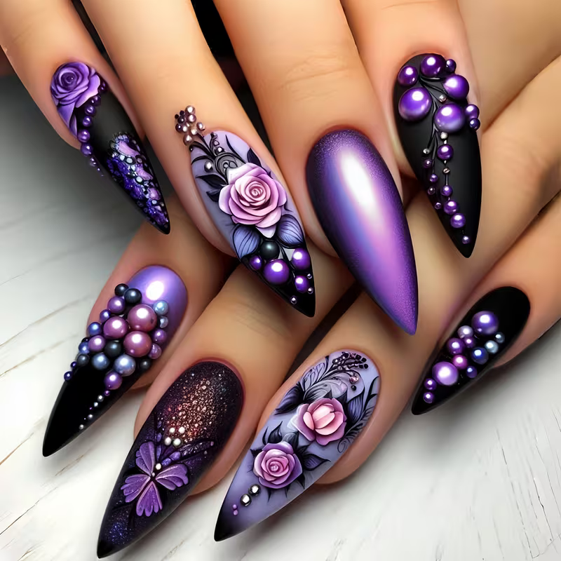 Matte Black & Purple Night Rose Press-On Nails - Flirt Frenzy