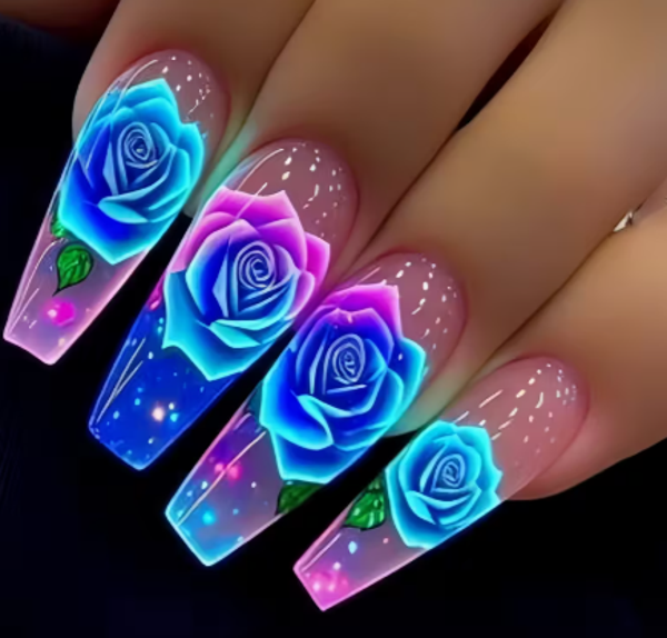 Gradient Clear neon flowers / Press-On Nails -Long Ballet-Style Nails