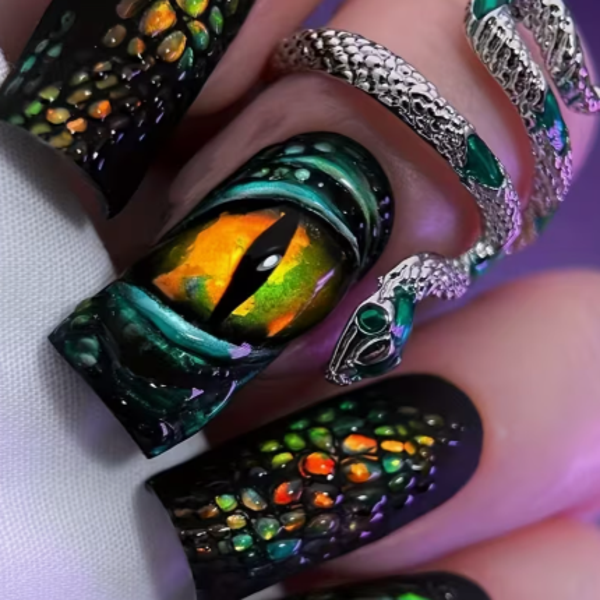 Wild Animal Design with Glittery Green & Orange Bold Nail Design, Glossy Finish