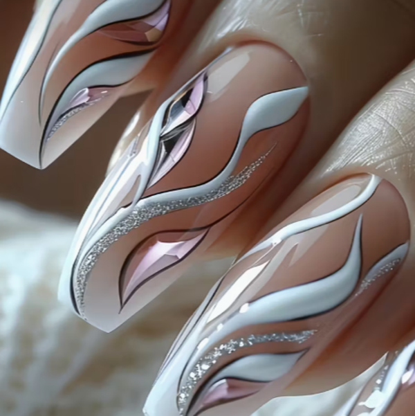 Ballet Coffin Press-On Nails Set, Mixed Color System with Silvery Stripe Accents
