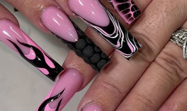 Gloss Press-On Nails with Gel Glue & Nail File Kit - Ultra-Long Square Black & French Manicure/Wildcolor Striped