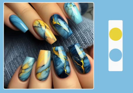 Pattern Press-On Nails | Blue & Yellow Golden Long Coffin