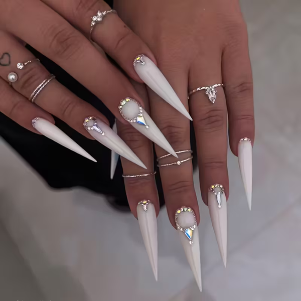 Nails Long Almond Shape Glossy, Luxury Rhinestone Acrylic Nails White Seduce & Sparkle
